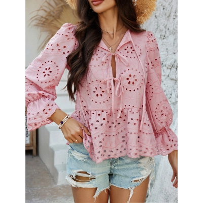 Designsoo Casual Vacation Loose Fit Tie Waist Solid Color Openwork Crochet Cardigan Blouse for Women 02