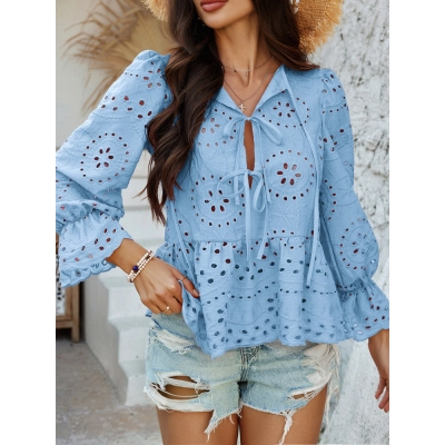 Designsoo Casual Vacation Loose Fit Tie Waist Solid Color Openwork Crochet Cardigan Blouse for Women 01