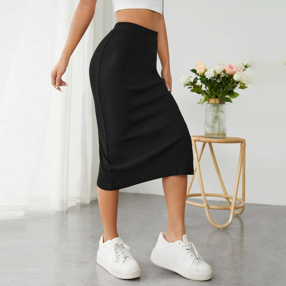 Designsoo Elastic Waist Bodycon Midi Skirt with Side Slit for Women – Slimming and Stylish