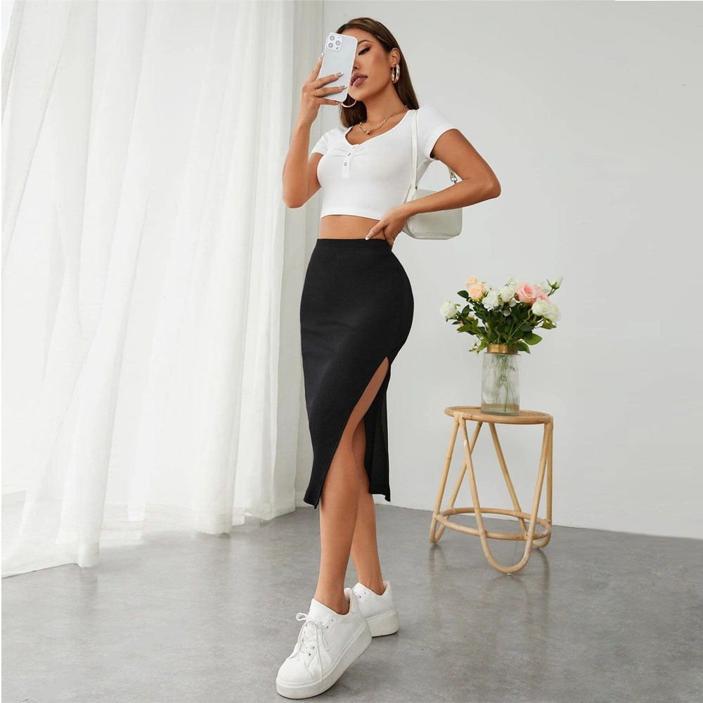 Designsoo Elastic Waist Bodycon Midi Skirt with Side Slit for Women – Slimming and Stylish