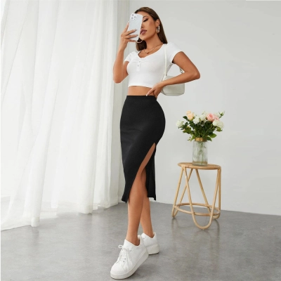 Designsoo Elastic Waist Bodycon Midi Skirt with Side Slit for Women – Slimming and Stylish 01