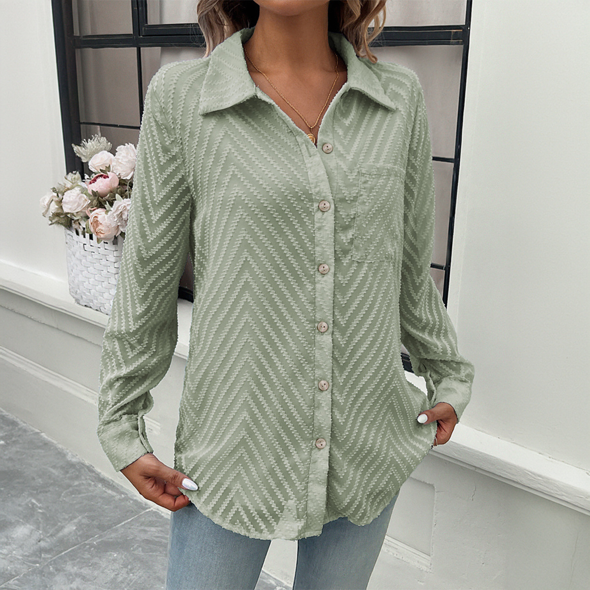 Designsoo Elegant Commute Jacquard Long Sleeve Shirt