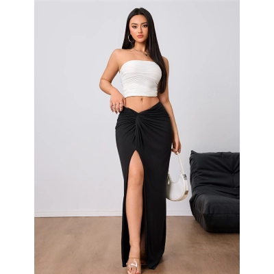 Designsoo Elegant High Waist Slit Midi Dress for Women – Sophisticated & Flattering Fit 01