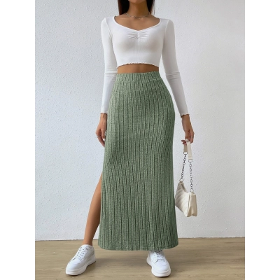 Designsoo Elegant Simple Midi Skirt for Women – High Waist Side Slit Bodycon Long Skirt 01