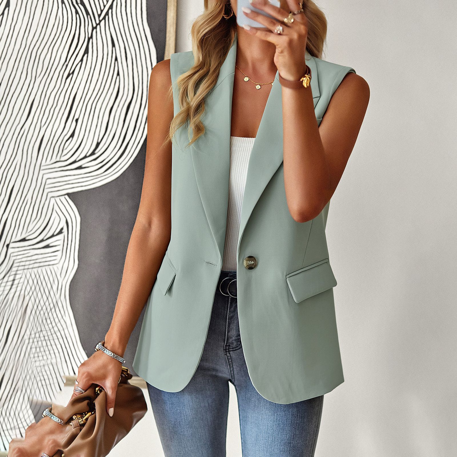 Loose Fit Elegant Office Commute Sleeveless Blazer Vest for Women