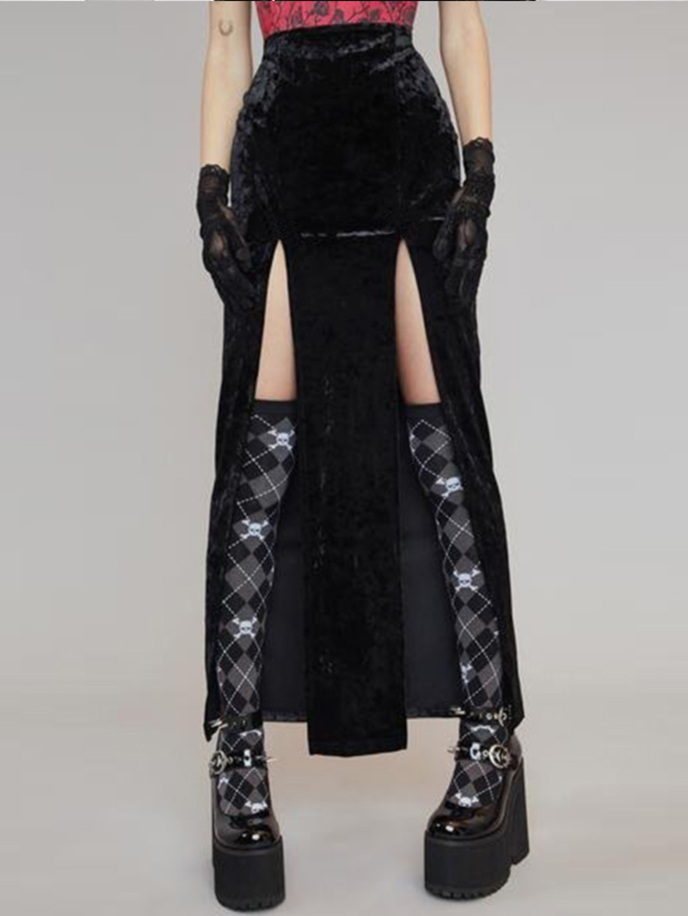 Designsoo Rock Street Style Sexy Split Halloween Midi Skirt for Women – Edgy & Trendy Party Look