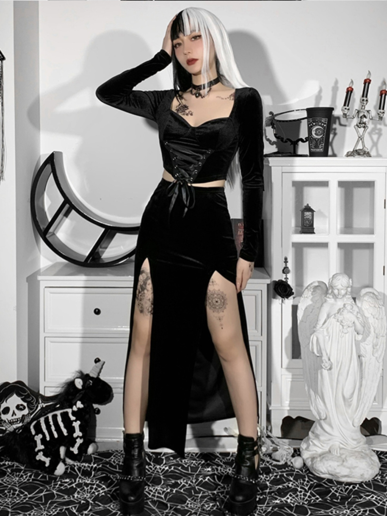 Designsoo Rock Street Style Sexy Split Halloween Midi Skirt for Women – Edgy & Trendy Party Look