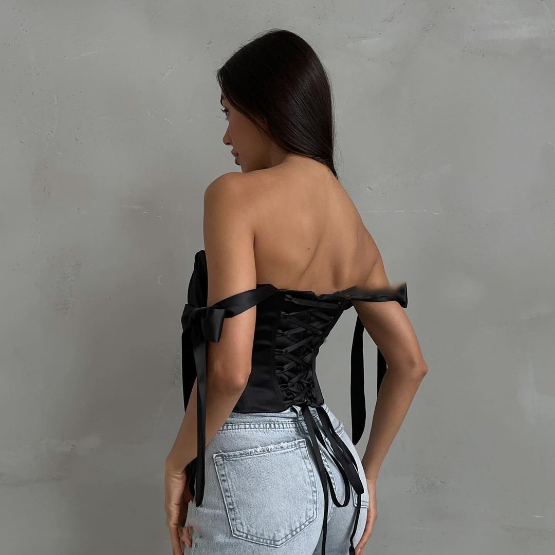 Designsoo Women's Sexy Large Backless Strap Tie Asymmetric Fishbone Tube Top - Highlighting Clavicle Design