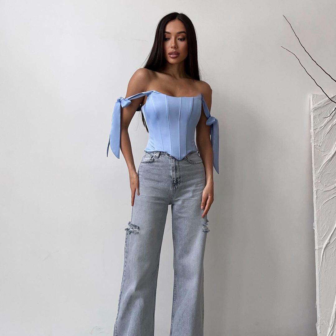 Designsoo Women's Sexy Large Backless Strap Tie Asymmetric Fishbone Tube Top - Highlighting Clavicle Design