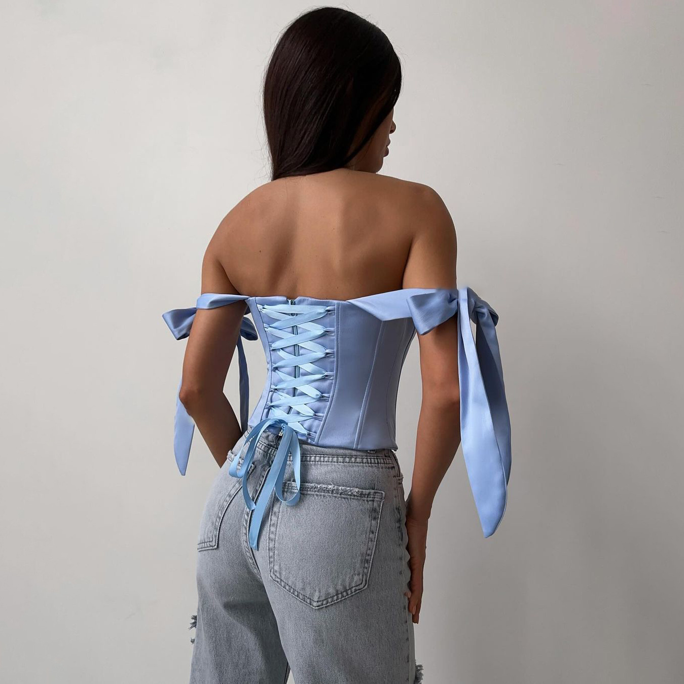 Designsoo Women's Sexy Large Backless Strap Tie Asymmetric Fishbone Tube Top - Highlighting Clavicle Design