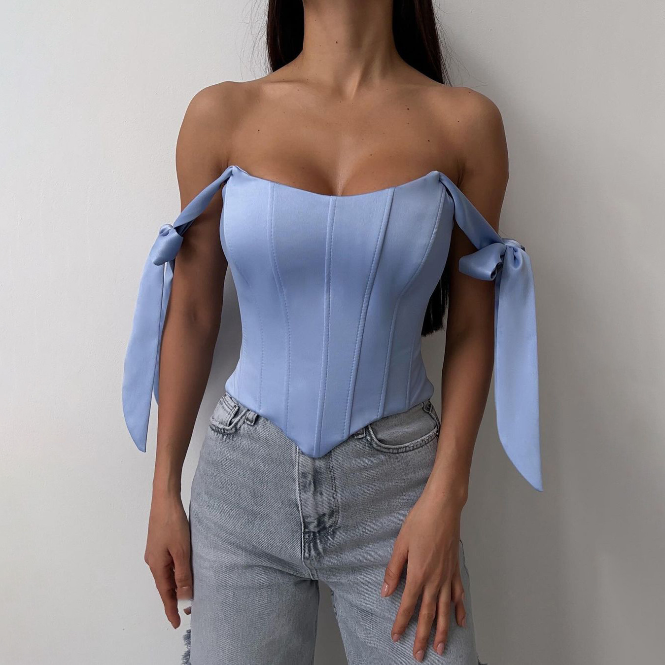 Designsoo Women's Sexy Large Backless Strap Tie Asymmetric Fishbone Tube Top - Highlighting Clavicle Design
