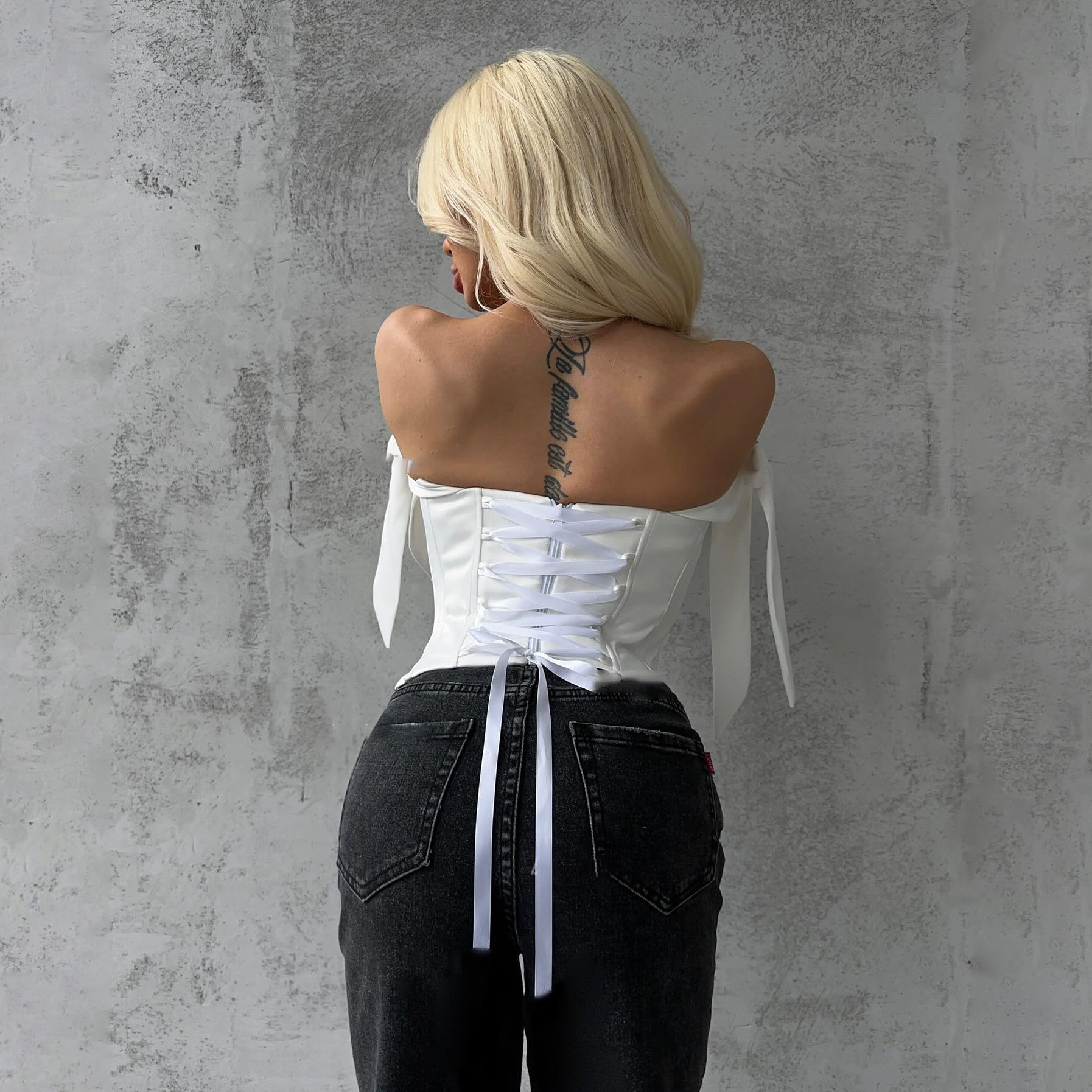 Designsoo Women's Sexy Large Backless Strap Tie Asymmetric Fishbone Tube Top - Highlighting Clavicle Design