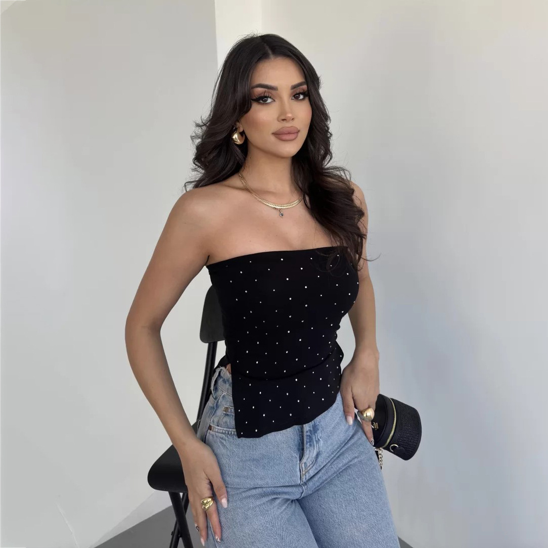 Designsoo High-End Sexy Black Rhinestone Embellished Slim Fit Top - Fashionable Design, Showcasing Individual Charm