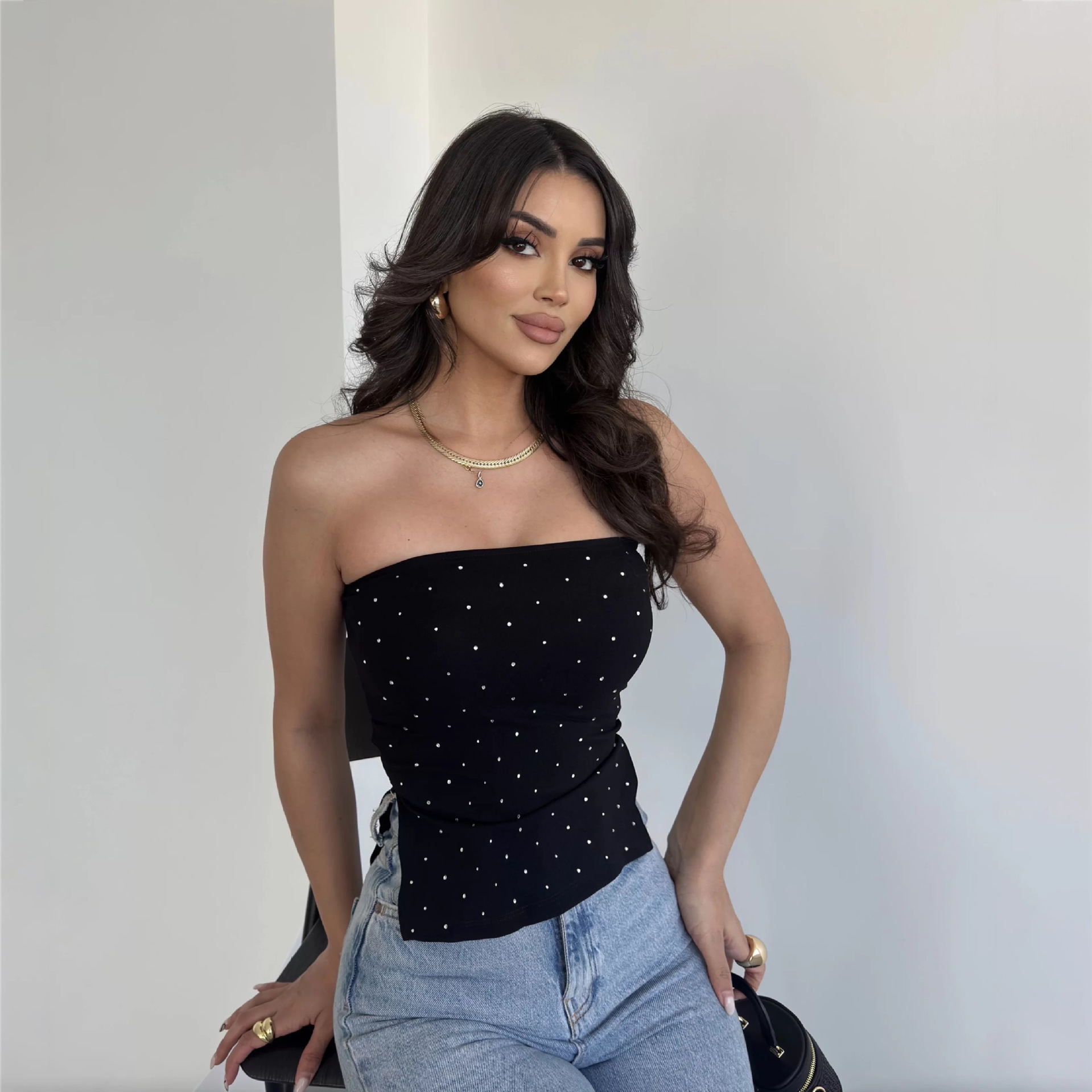 Designsoo High-End Sexy Black Rhinestone Embellished Slim Fit Top - Fashionable Design, Showcasing Individual Charm