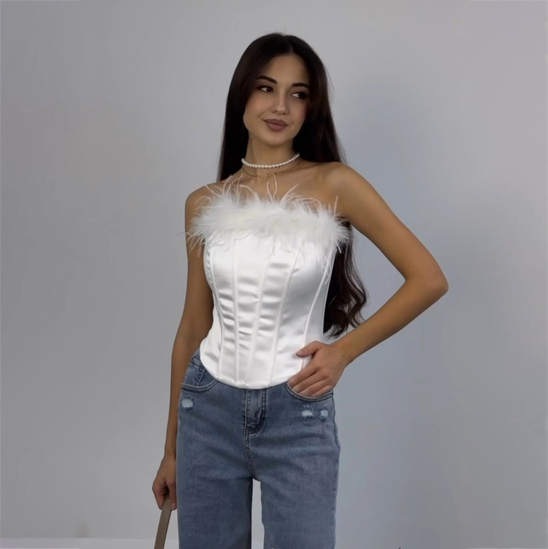 Designsoo Ostrich Feather Decorated Corset Crop Top with Fishbone Structure | Unique Designer Piece for Elegant Looks