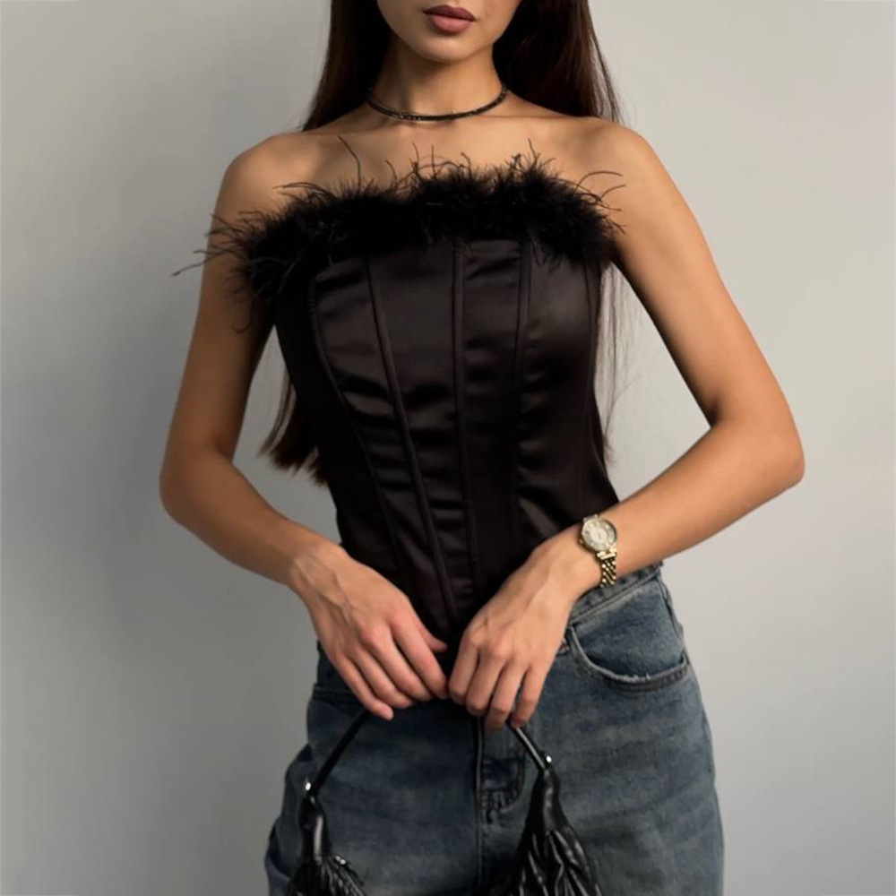 Designsoo Ostrich Feather Decorated Corset Crop Top with Fishbone Structure | Unique Designer Piece for Elegant Looks