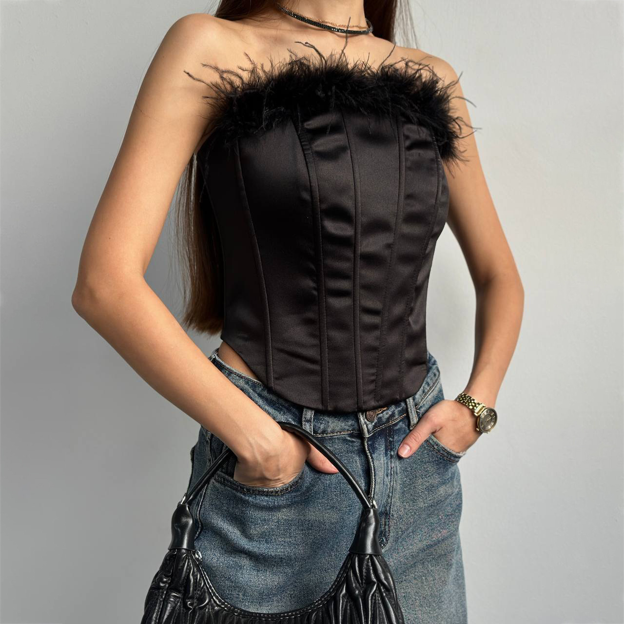 Designsoo Ostrich Feather Decorated Corset Crop Top with Fishbone Structure | Unique Designer Piece for Elegant Looks