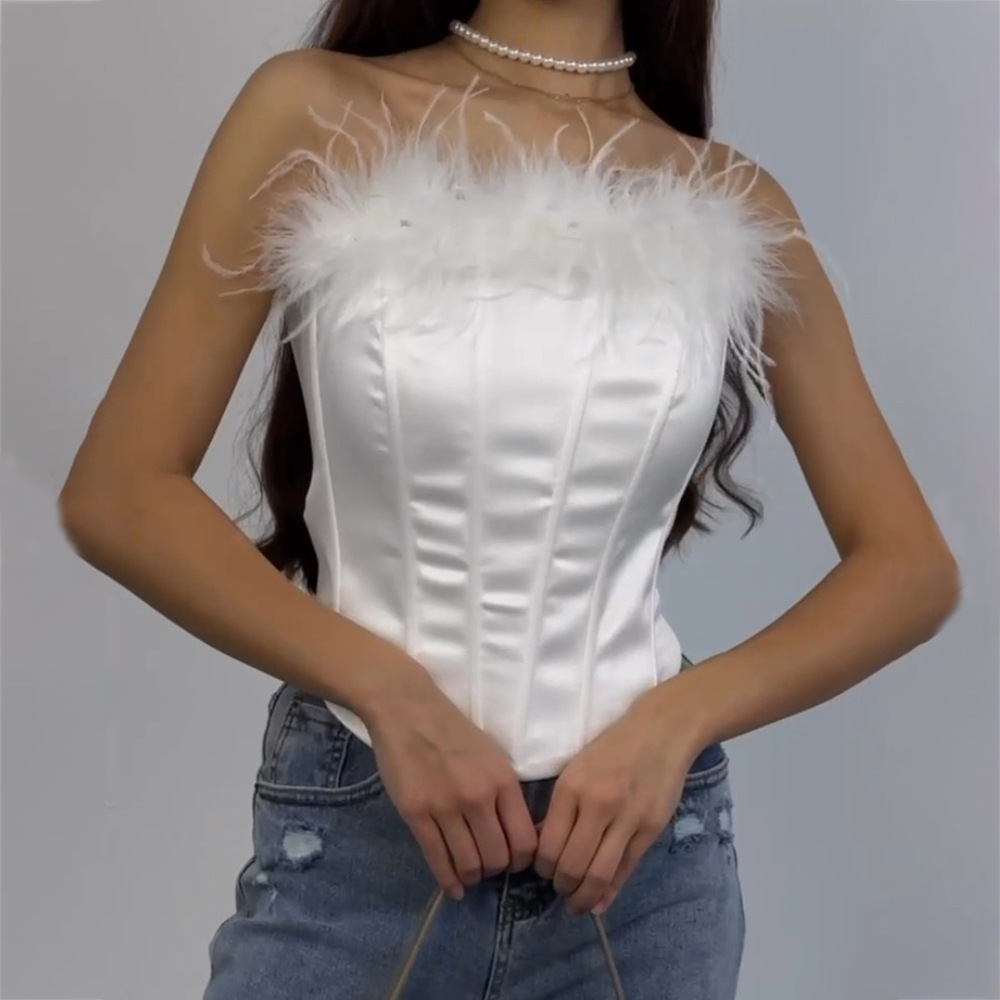 Designsoo Ostrich Feather Decorated Corset Crop Top with Fishbone Structure | Unique Designer Piece for Elegant Looks
