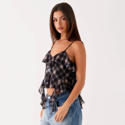 Designsoo Retro Plaid Low V-Neck Asymmetric Ribbon Sexy Crop Top - Y2K Millennium Style 02