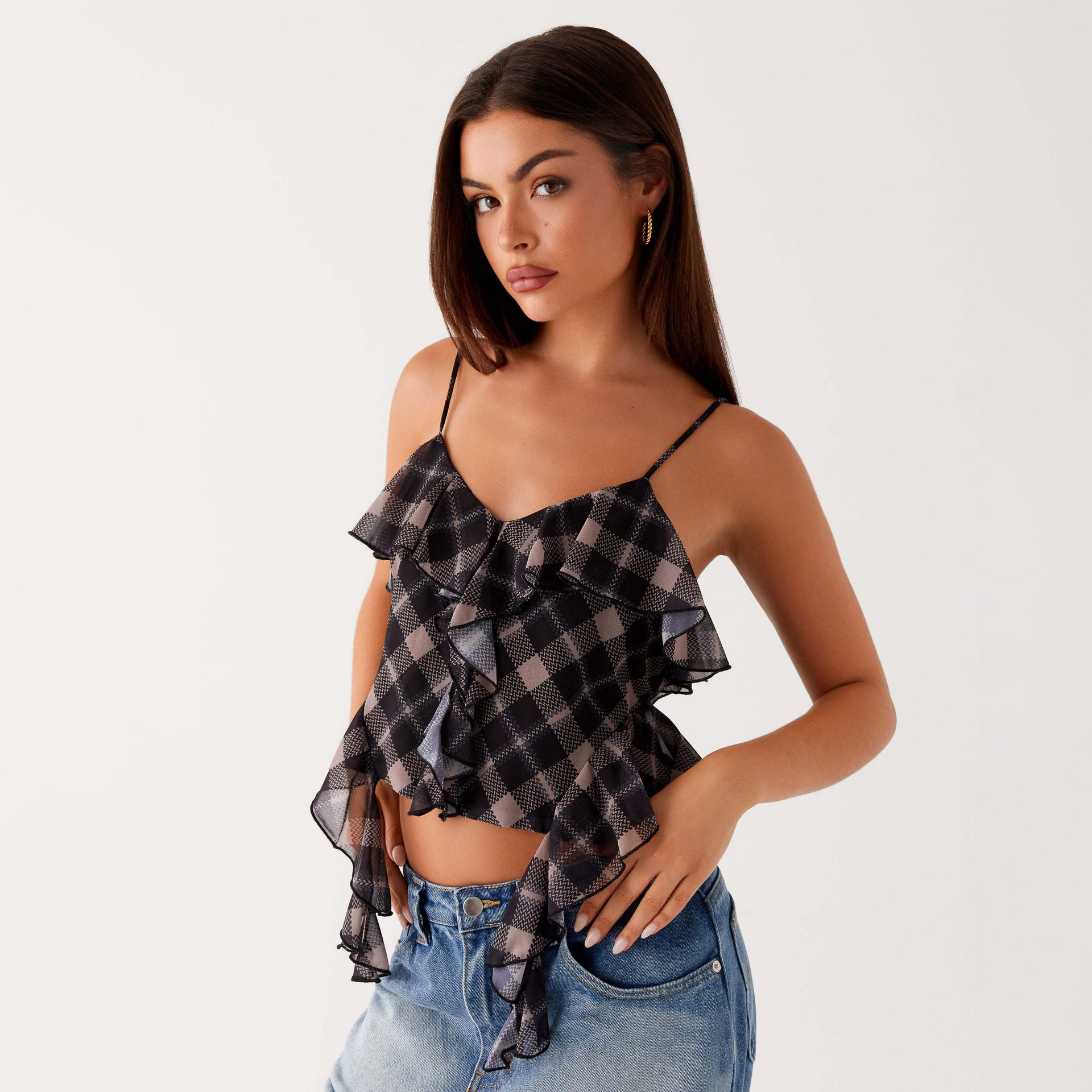 Designsoo Retro Plaid Low V-Neck Asymmetric Ribbon Sexy Crop Top - Y2K Millennium Style