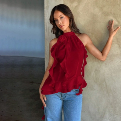 Designsoo Ribbon-Tie 3D Rose Sleeveless Halter Top - Elegant Design, Showcasing Feminine Charm 01