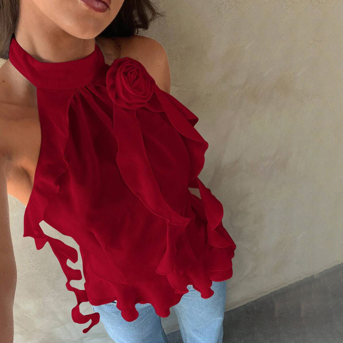 Designsoo Ribbon-Tie 3D Rose Sleeveless Halter Top - Elegant Design, Showcasing Feminine Charm