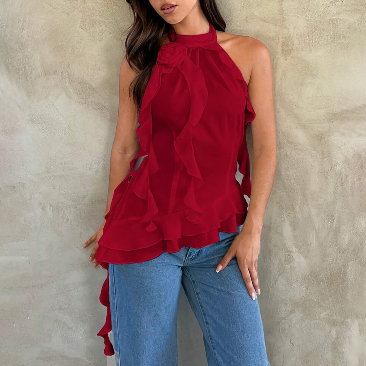 Designsoo Ribbon-Tie 3D Rose Sleeveless Halter Top - Elegant Design, Showcasing Feminine Charm