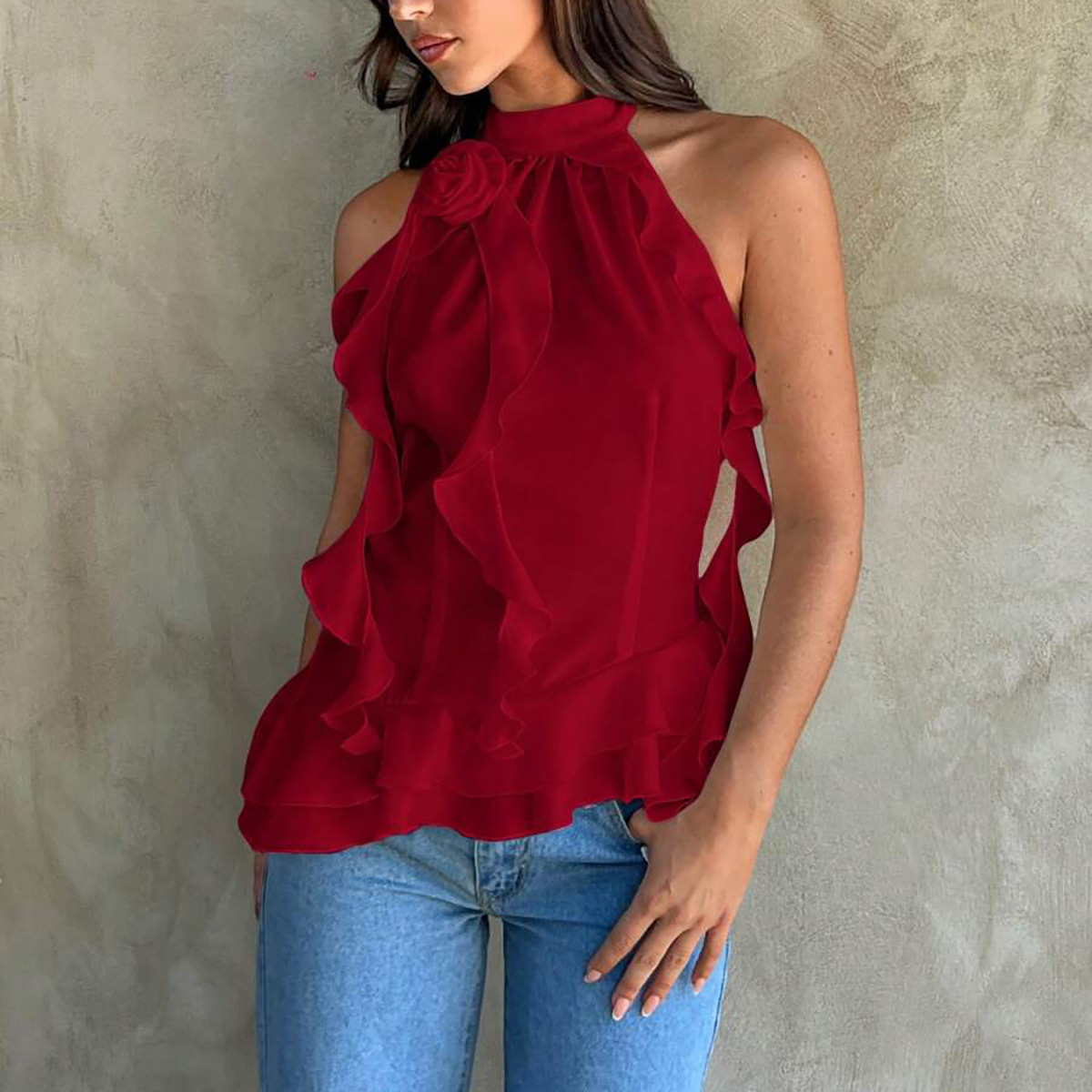 Designsoo Ribbon-Tie 3D Rose Sleeveless Halter Top - Elegant Design, Showcasing Feminine Charm