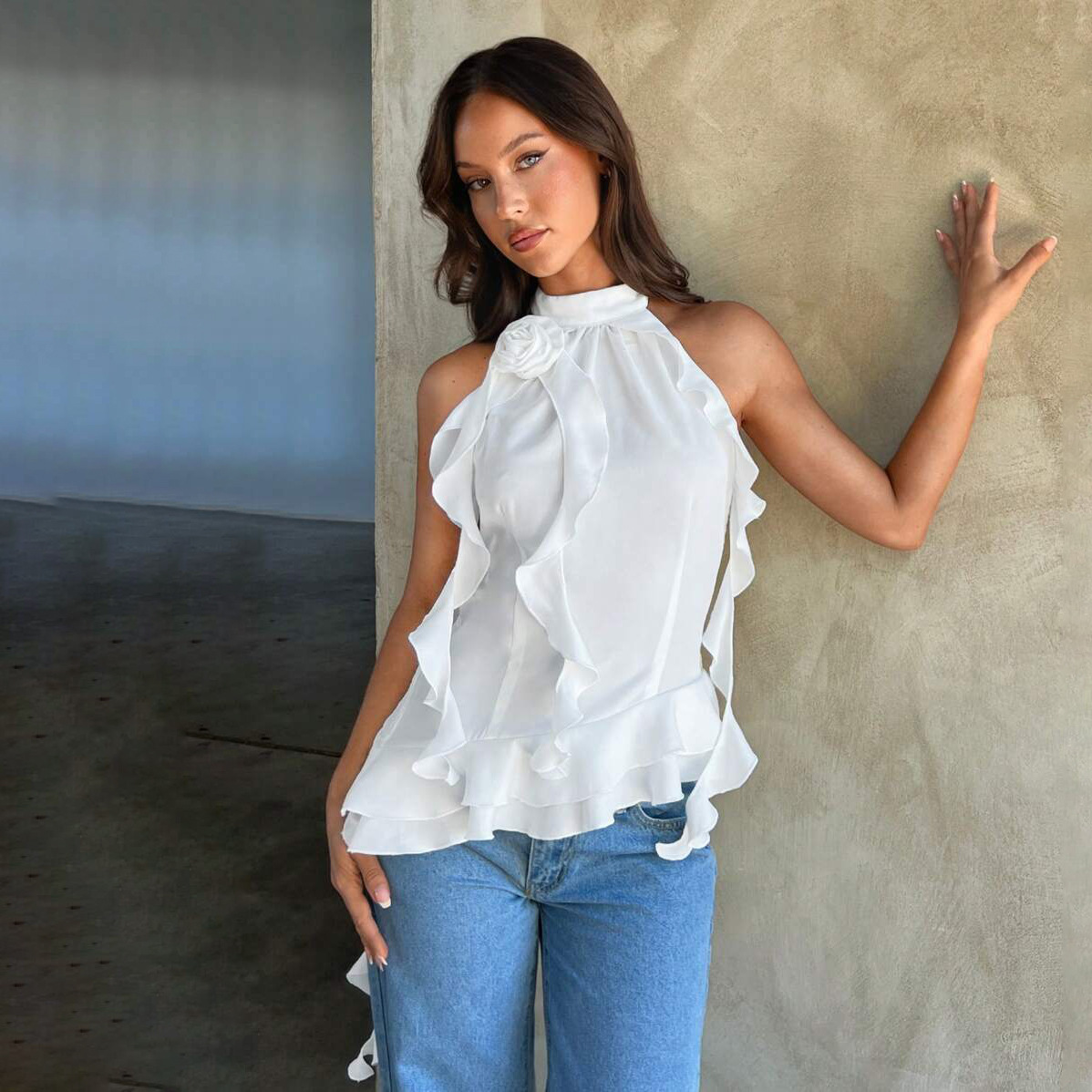 Designsoo Ribbon-Tie 3D Rose Sleeveless Halter Top - Elegant Design, Showcasing Feminine Charm