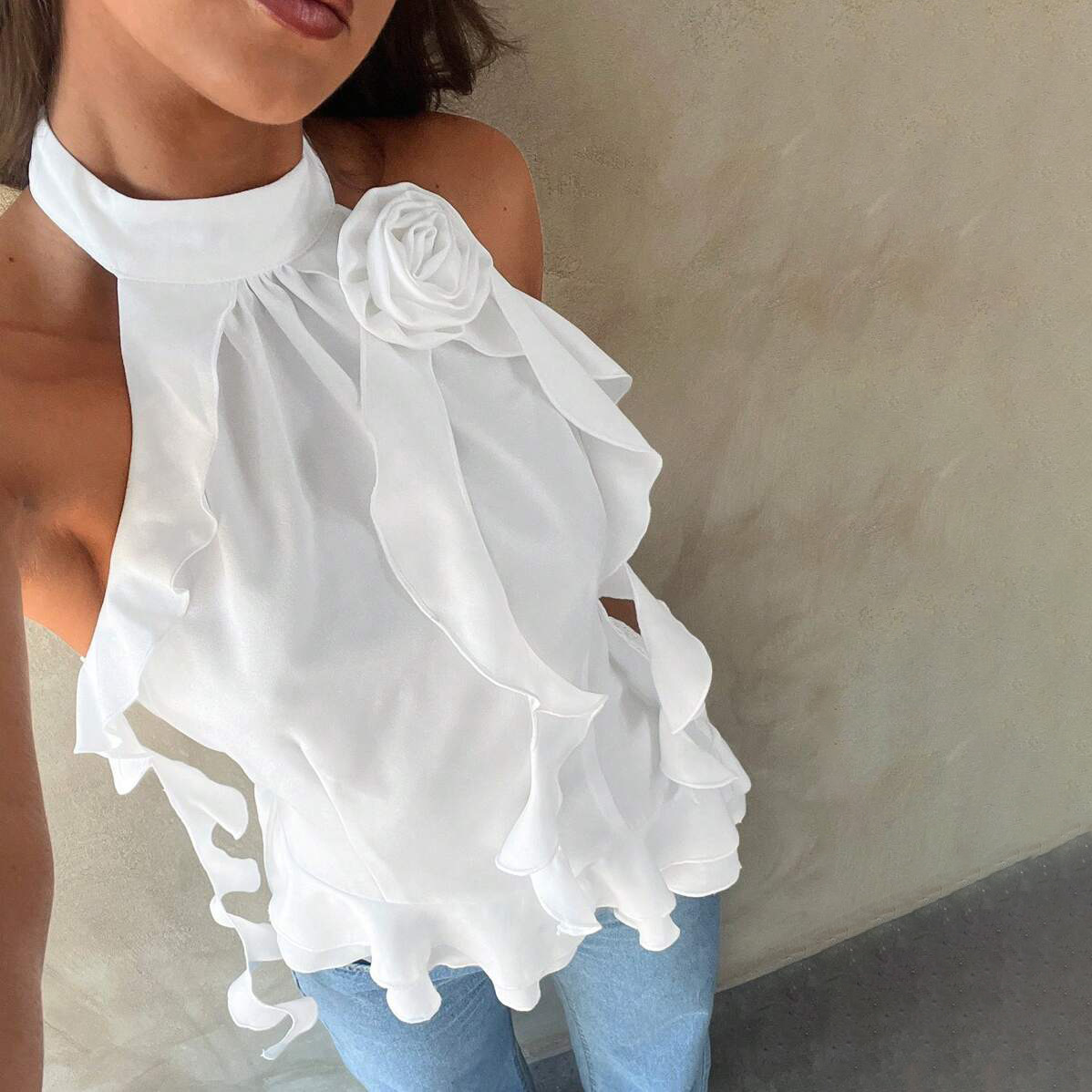 Designsoo Ribbon-Tie 3D Rose Sleeveless Halter Top - Elegant Design, Showcasing Feminine Charm