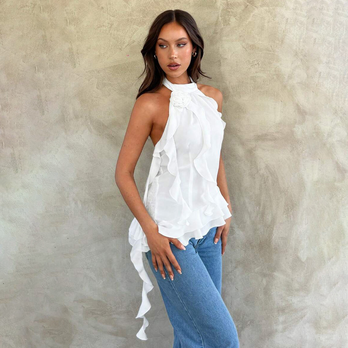 Designsoo Ribbon-Tie 3D Rose Sleeveless Halter Top - Elegant Design, Showcasing Feminine Charm