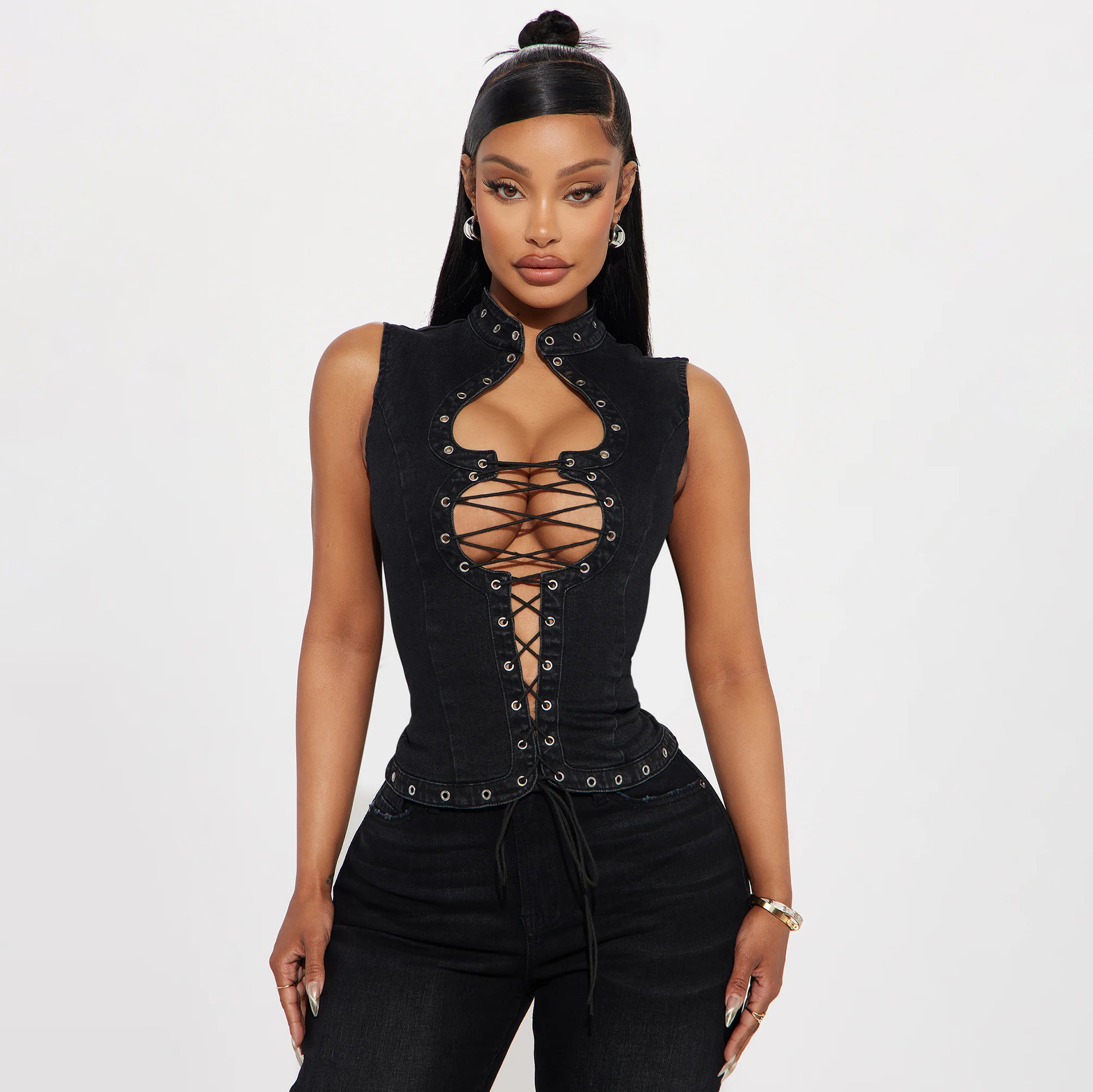 Designsoo Street Style Trendy Lace-Up Cutout Denim Crop Top for Bold Girls | Must-Have Item for Unique Outfits