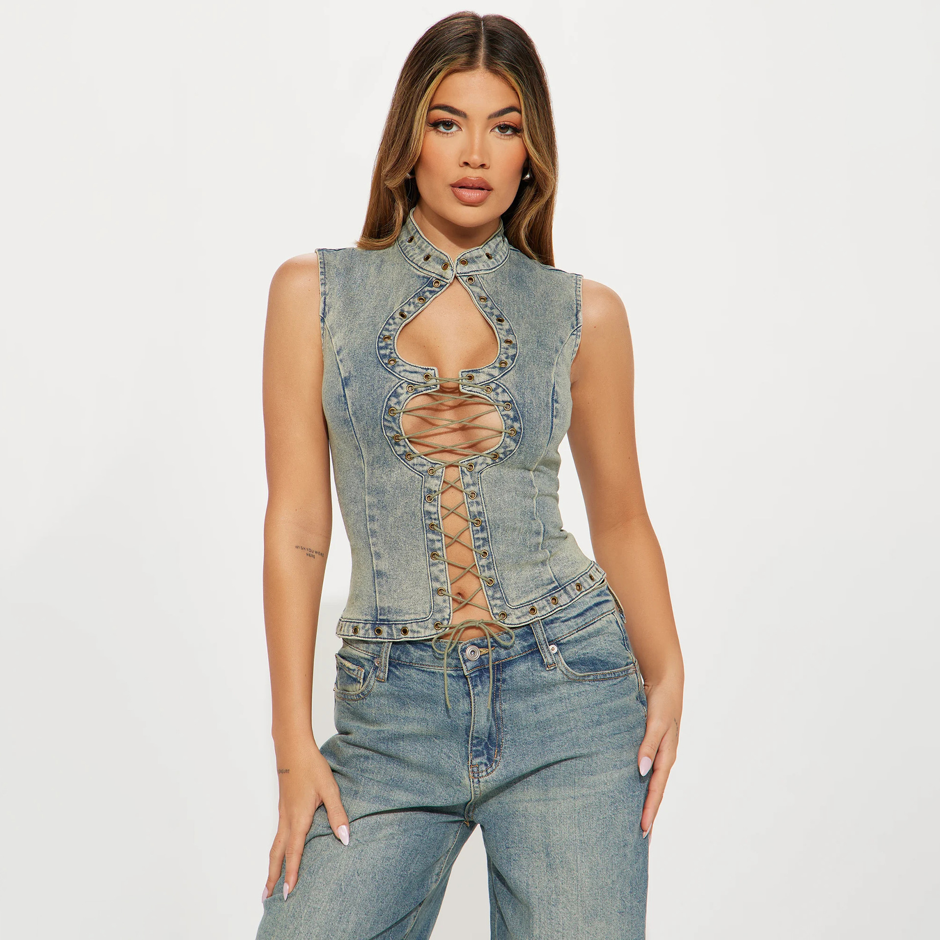 Designsoo Street Style Trendy Lace-Up Cutout Denim Crop Top for Bold Girls | Must-Have Item for Unique Outfits
