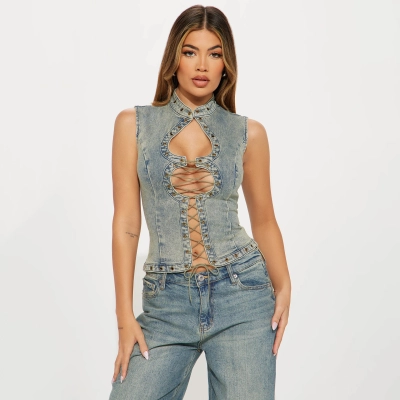 Designsoo Street Style Trendy Lace-Up Cutout Denim Crop Top for Bold Girls | Must-Have Item for Unique Outfits 01