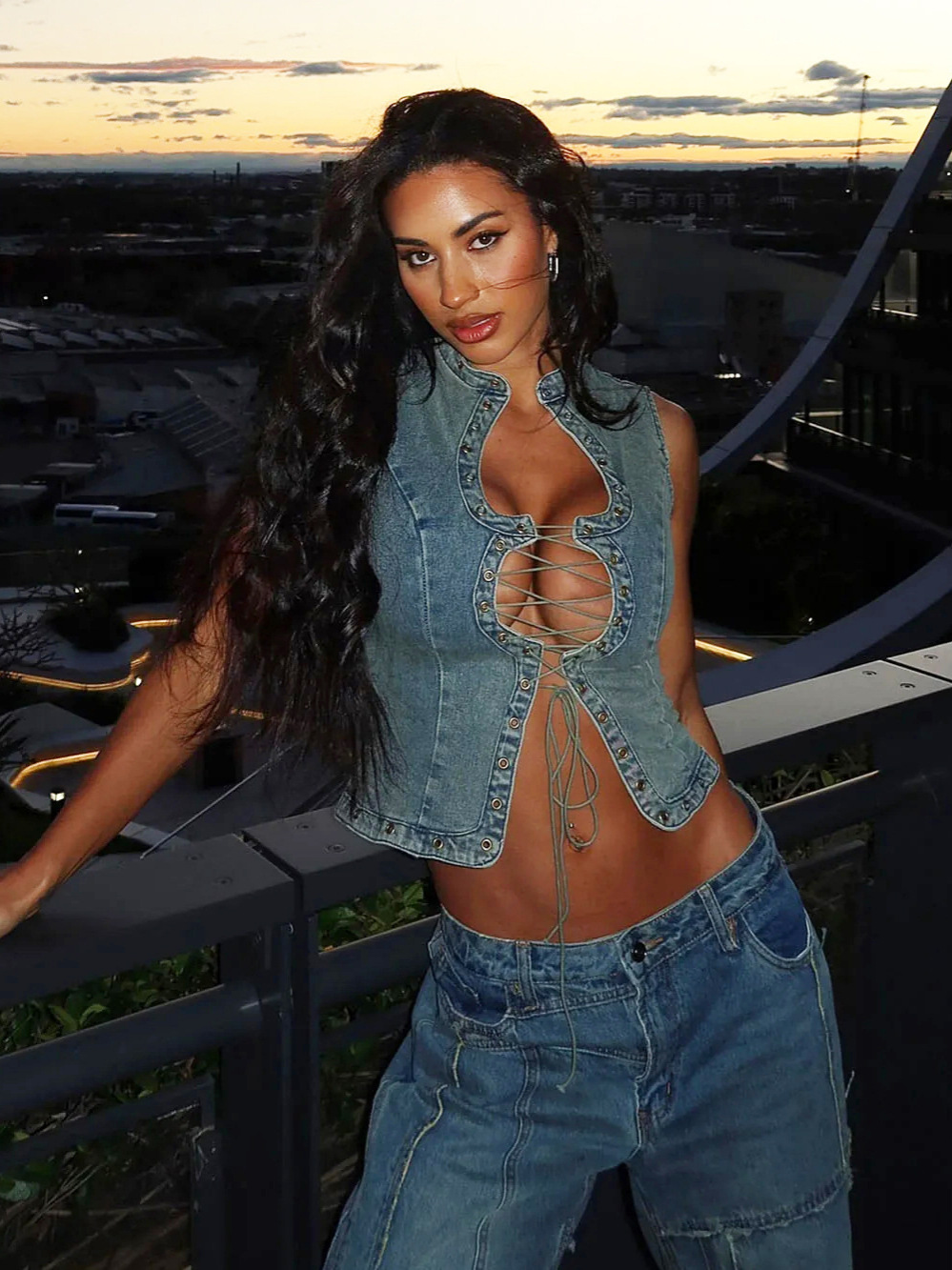 Designsoo Street Style Trendy Lace-Up Cutout Denim Crop Top for Bold Girls | Must-Have Item for Unique Outfits