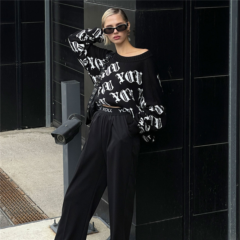 Designsoo American Streetwear Letter Jacquard Sweater for Women