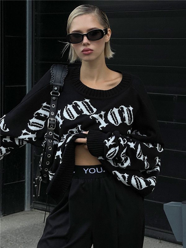 Designsoo American Streetwear Letter Jacquard Sweater for Women