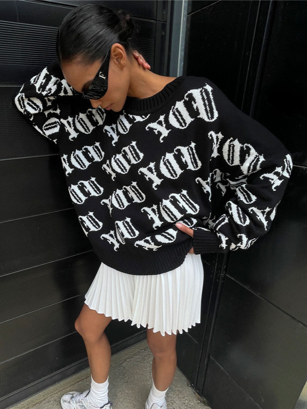 Designsoo American Streetwear Letter Jacquard Sweater for Women