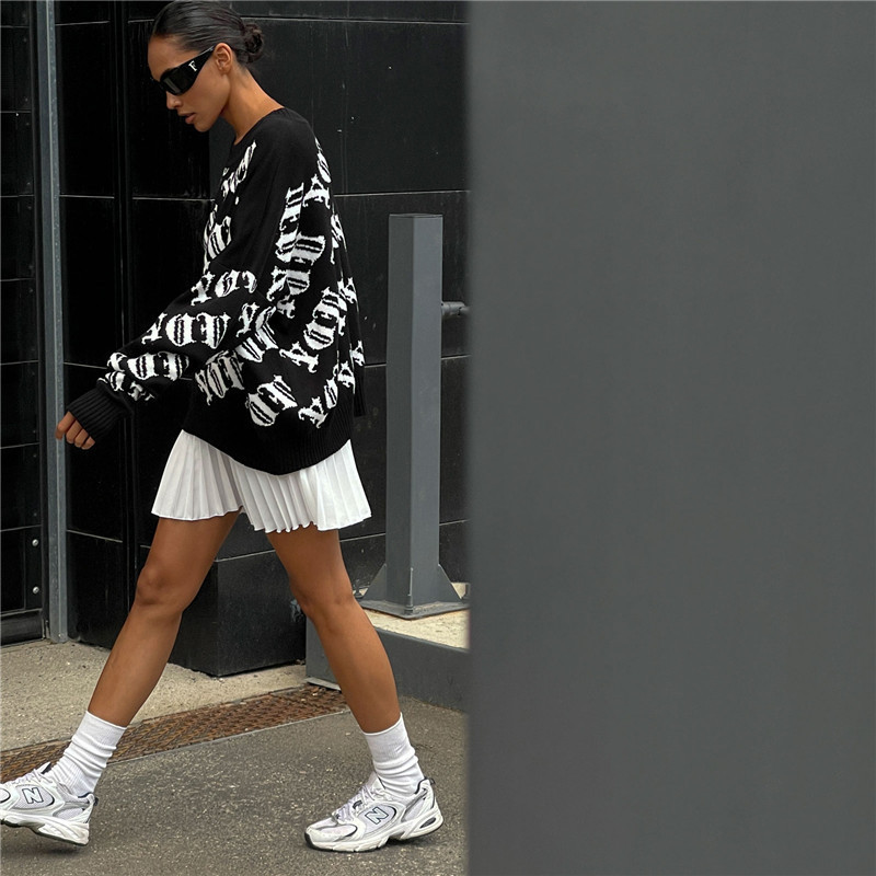 Designsoo American Streetwear Letter Jacquard Sweater for Women