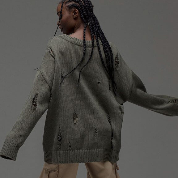 Designsoo Casual White Label Distressed Sweater for Women – Oversized Streetwear Knit Top