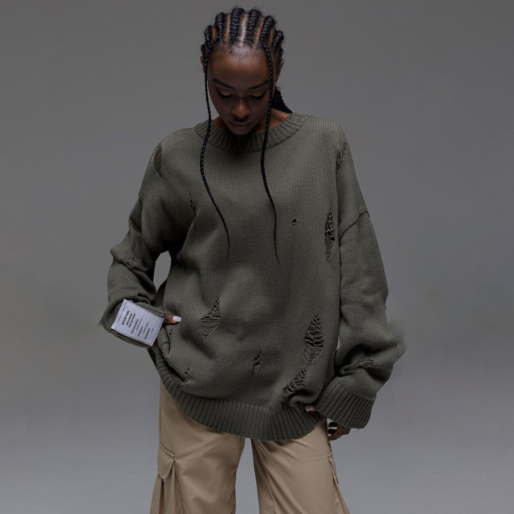 Designsoo Casual White Label Distressed Sweater for Women – Oversized Streetwear Knit Top