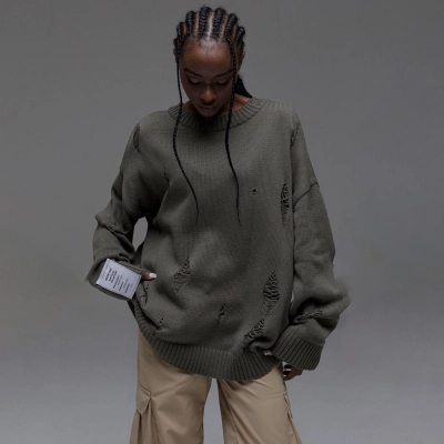 Designsoo Casual White Label Distressed Sweater for Women – Oversized Streetwear Knit Top 01