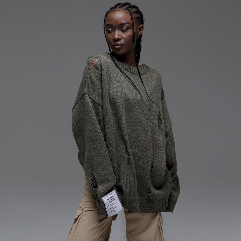 Designsoo Casual White Label Distressed Sweater for Women – Oversized Streetwear Knit Top