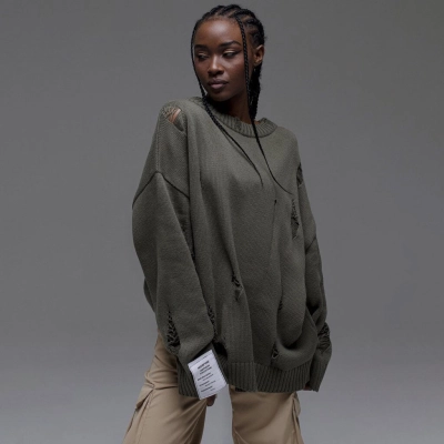 Designsoo Casual White Label Distressed Sweater for Women – Oversized Streetwear Knit Top 02