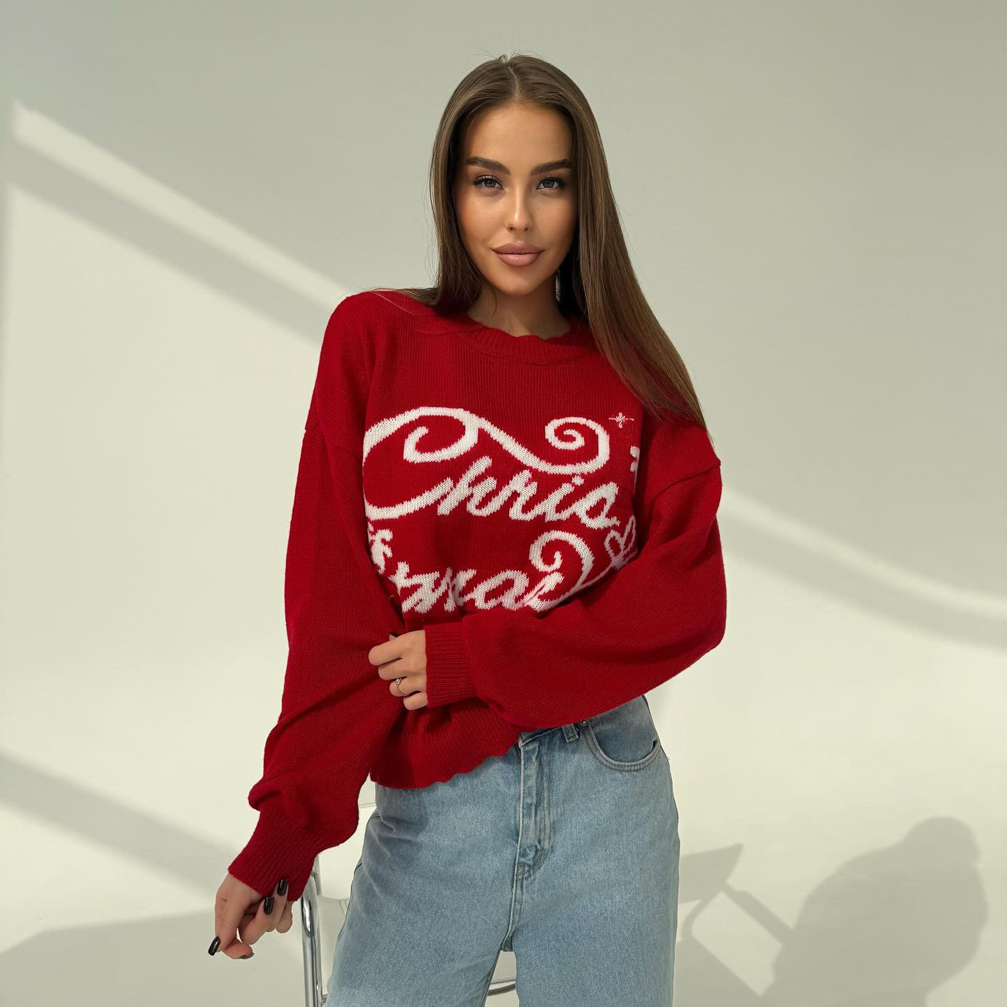 Designsoo Christmas Letter Jacquard Red Sweater – Oversized Knit Pullover for Women