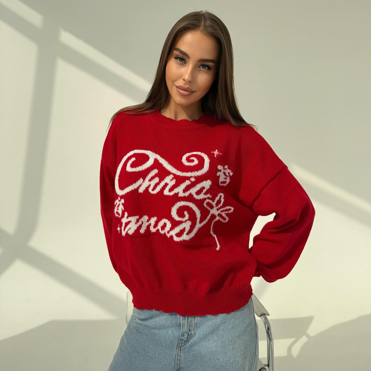 Designsoo Christmas Letter Jacquard Red Sweater – Oversized Knit Pullover for Women
