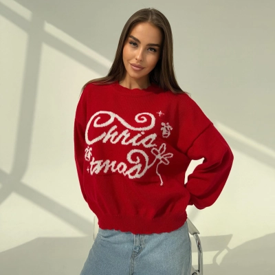 Designsoo Christmas Letter Jacquard Red Sweater – Oversized Knit Pullover for Women 02