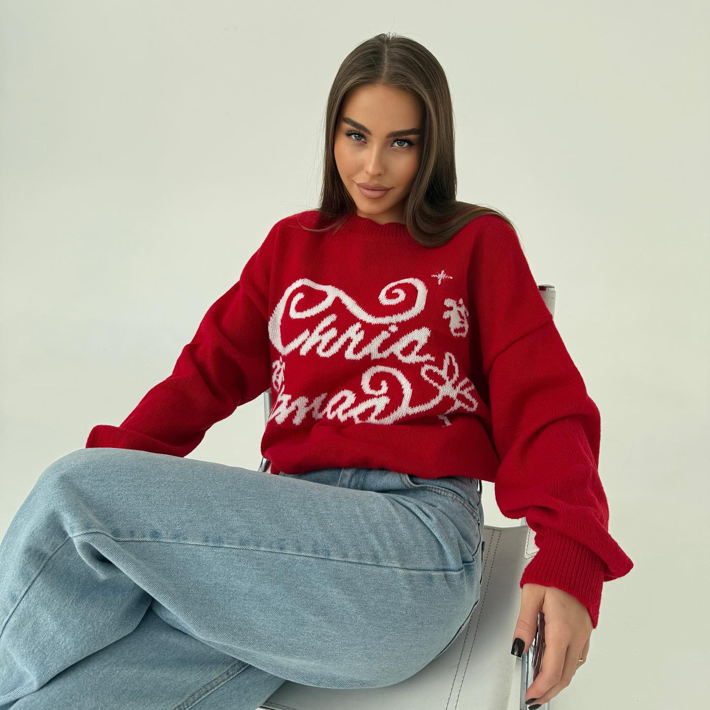 Designsoo Christmas Letter Jacquard Red Sweater – Oversized Knit Pullover for Women