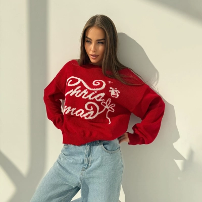 Designsoo Christmas Letter Jacquard Red Sweater – Oversized Knit Pullover for Women 01