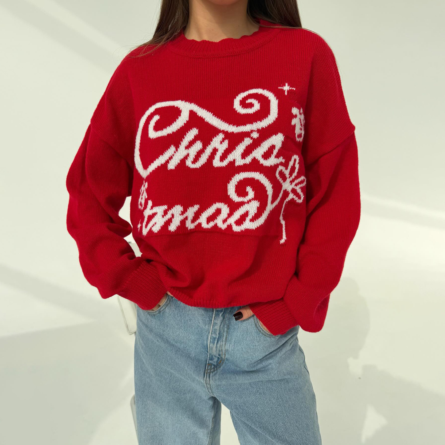 Designsoo Christmas Letter Jacquard Red Sweater – Oversized Knit Pullover for Women